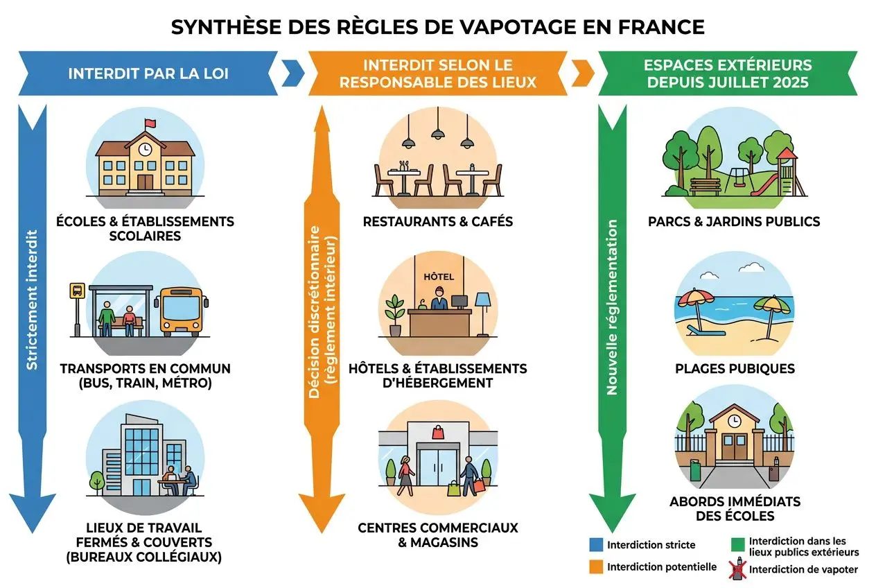 Synthèse visuelle des règles de vapotage en France: interdits par la loi (écoles, transports, lieux de travail) + interdits selon le responsable des lieux (restaurants, hôtels, centres commerciaux) + espaces extérieurs interdits depuis juillet 2025 (parcs, plages, abords immédiats des écoles).