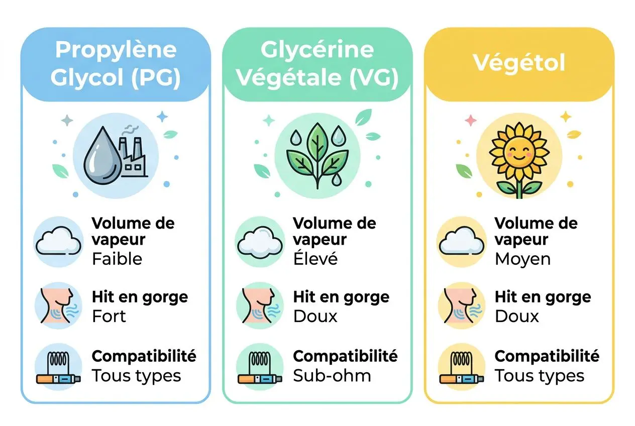 Trois visuels illustrant des composants d’e-liquide: Propylène Glycol (PG), Glycérine Végétale (VG) et Végetol, avec leurs volumes de vapeur, sensation de gorge et compatibilité.