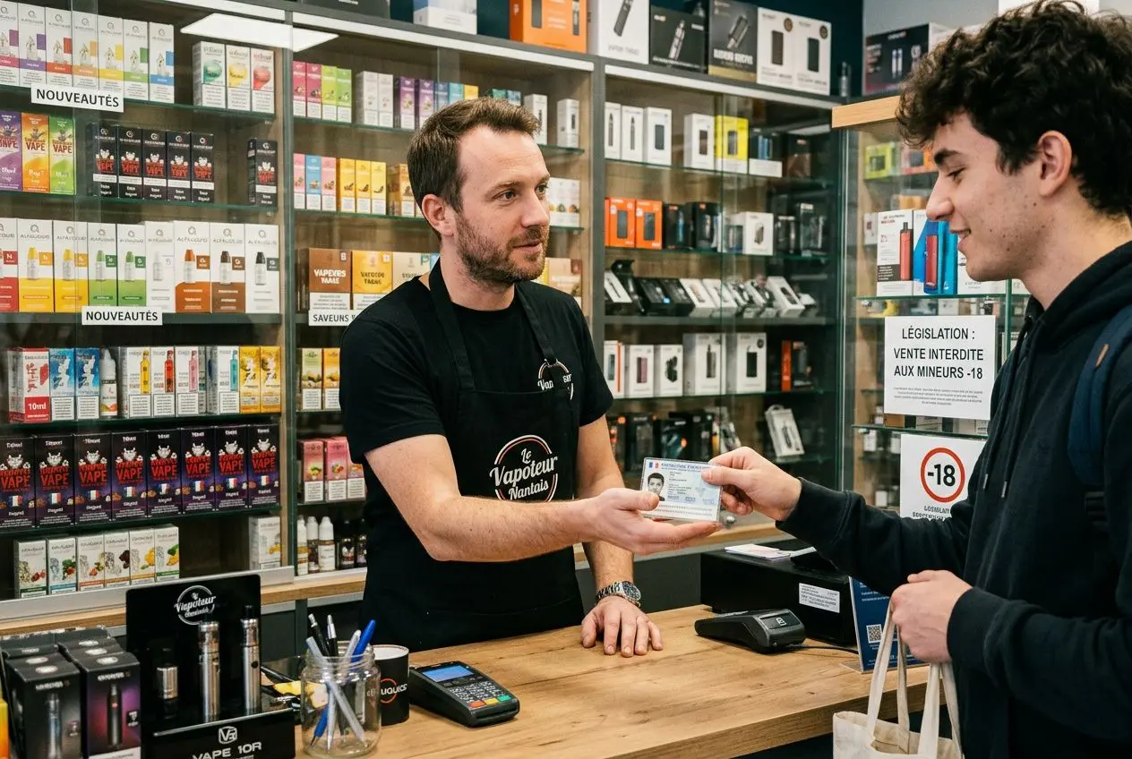 Vendeur en boutique échangeant une carte d’âge avec un jeune client, autour d’un comptoir de vapotage et d’étagères de produits liés à la cigarette électronique. loi cigarette electronique mineur intégré naturellement.