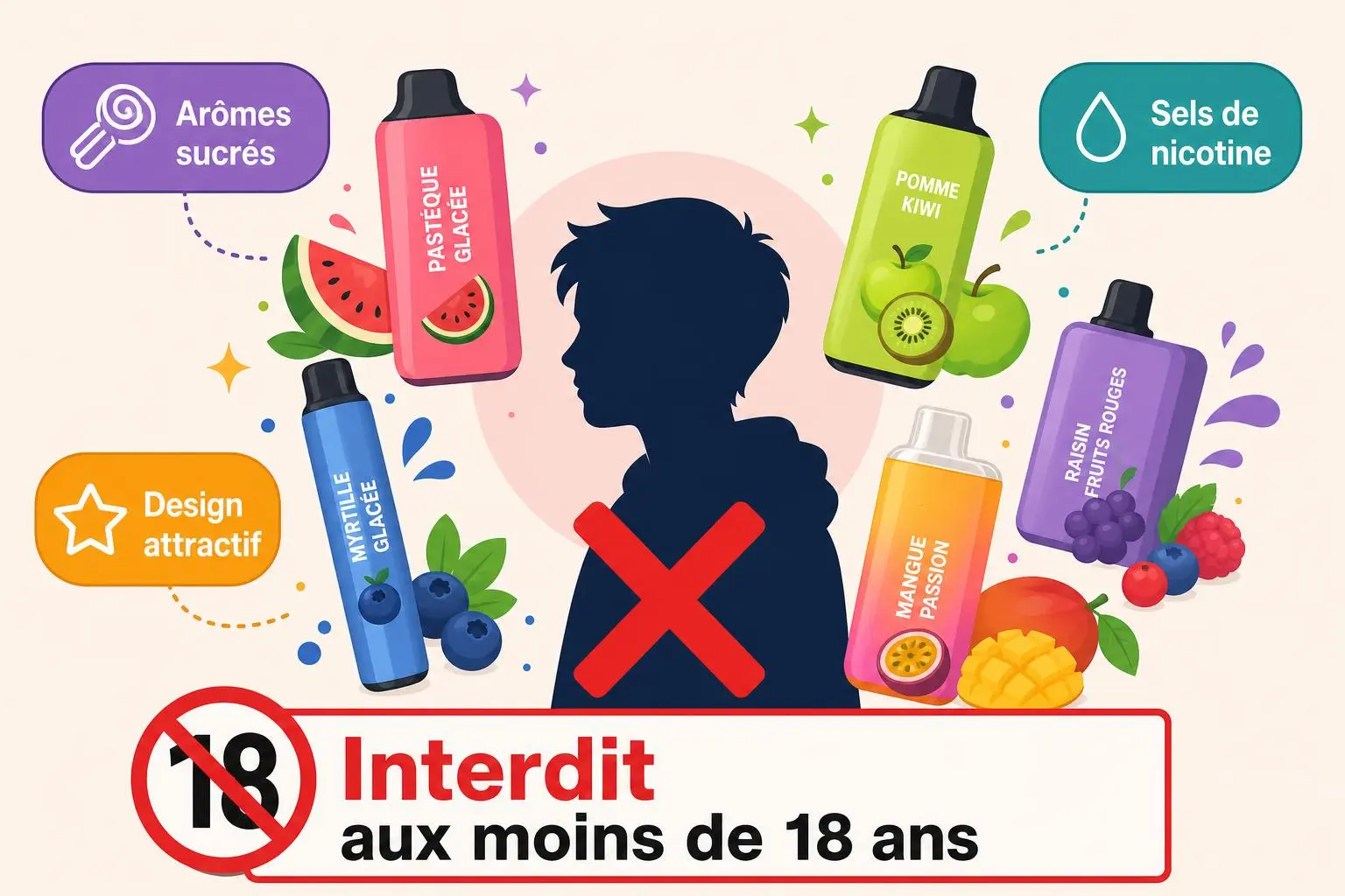 Vente puff mineur sanction: affiche pédagogique montrant un adolescent interdit, tache croix rouge et logo “18+” pour éviter la vente aux moins de 18 ans.