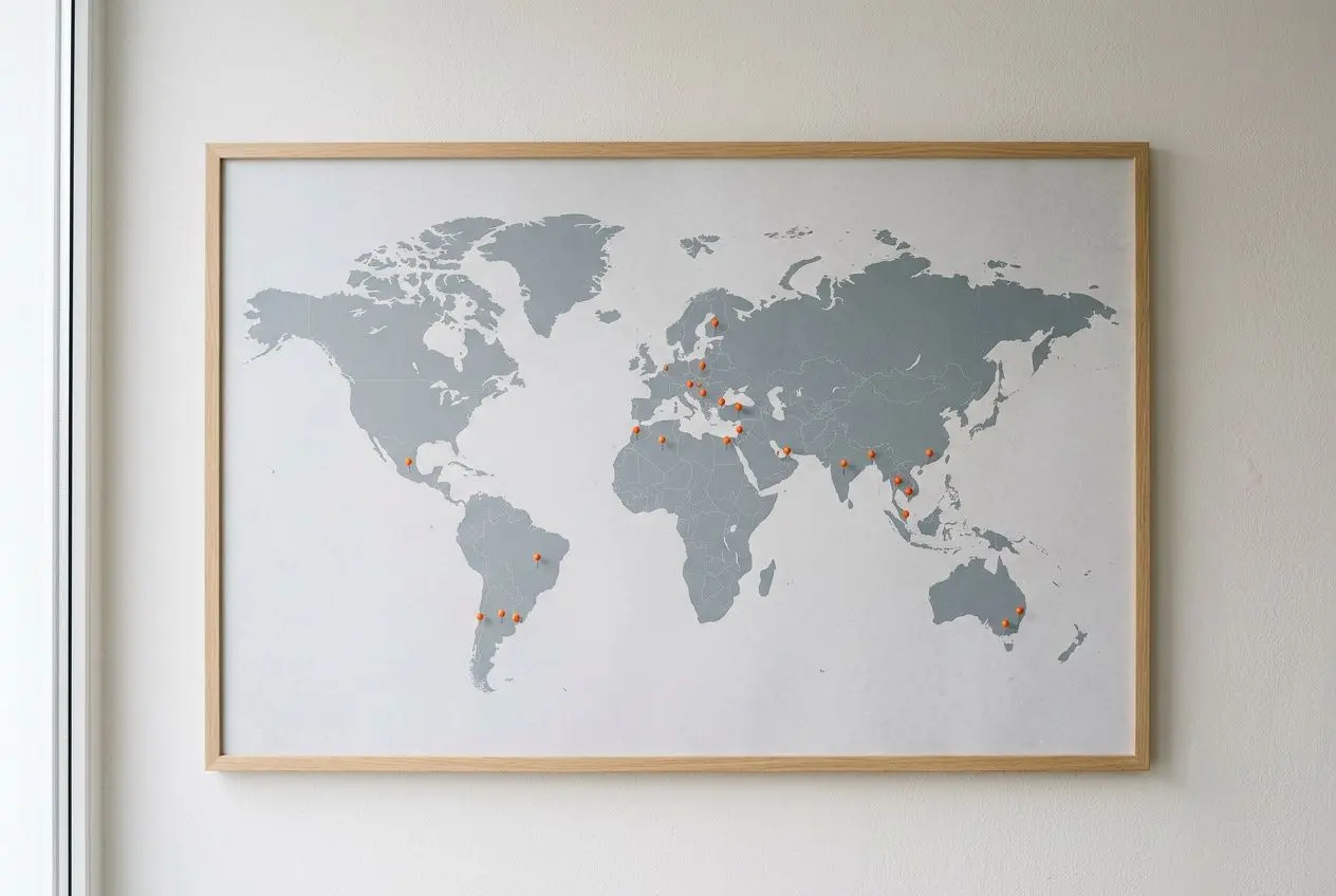 Carte du monde affichée dans un cadre, marquages orange indiquant des zones spécifiques. où est interdite la cigarette électronique intégrée subtilement.