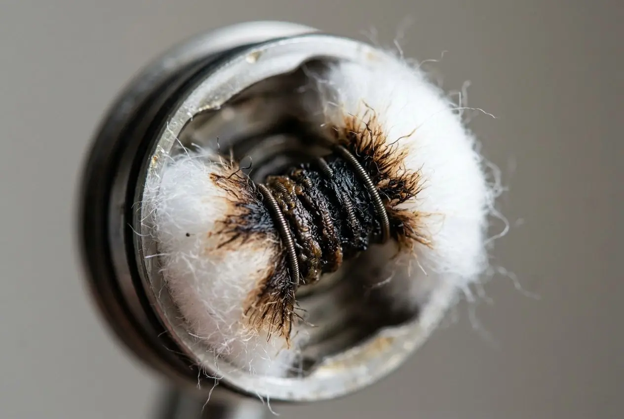 Céramique et mèches brûlées d’un atomiseur puff 9k visibles, noircie par le brûlé et résidus de coton autour. Pourquoi ma puff 9k a un goût de cramé integré naturellement.
