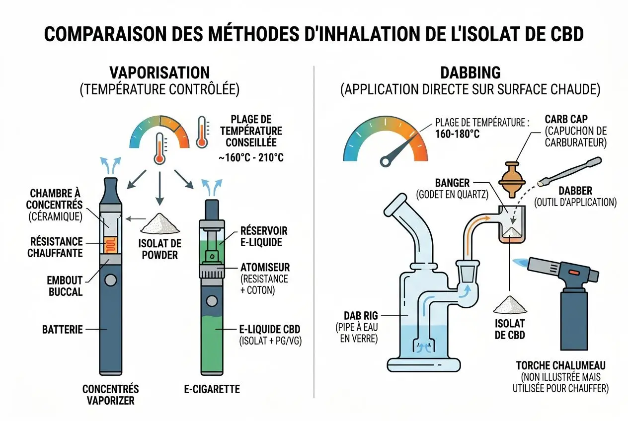 Comparaison des méthodes d'inhalation de l'isolat de CBD: vaporisation et dabbing avec isolat cbd fumer sur diagrammes explicatifs et shows dabbing rig et flacons.