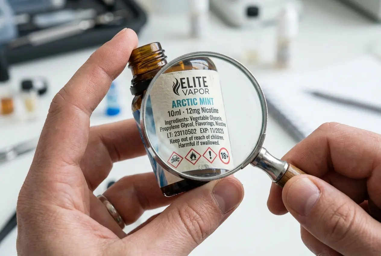 Étiquette d’e-liquide « Arctic Mint » Elite Vapor, flacon ouvert tenu par deux mains, avertissements et accordingaux à usage, contexte de sécurité sur les ingrédients. Mention d’une marque de e-liquide à éviter.
