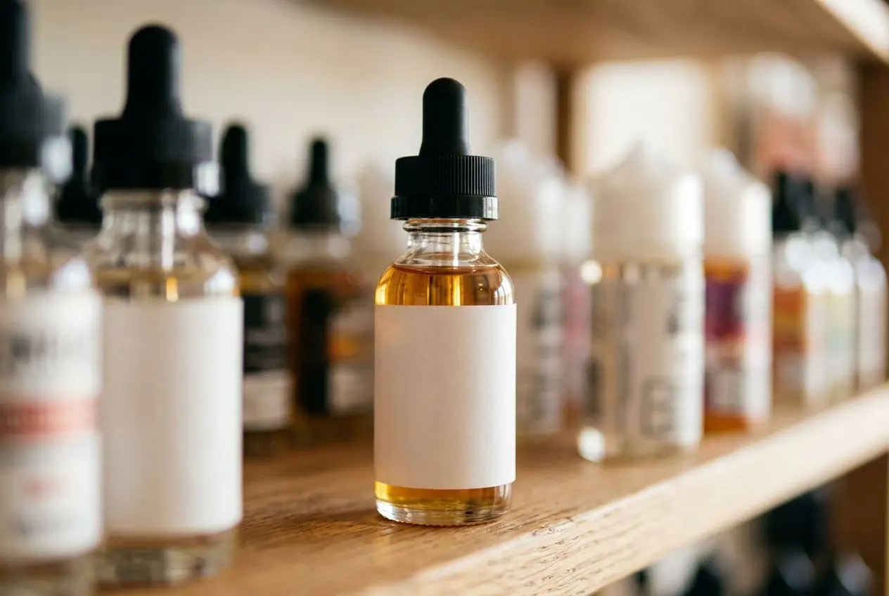 Flacon avec compte-gouttes en premier plan sur une étagère, entouré d’autres flacons similaires dans un magasin de vape. Liquide couleur ambré et étiquettes blanches sur fond clair. liquide cigarette électronique interdit est intégré naturellement? Must include keyword; include seamlessly. Perhaps: "Flacon avec compte-gouttes sur étagère, en contexte de produits de vape; exemple de liquide cigarette électronique interdit." But must integrate main keyword naturally. Let's craft: "Flacon avec compte-gouttes sur étagère parmi d'autres liquides de vape, évoquant les liquides cigarette électronique interdit." length ~110 chars. Ensure French. Let's output.