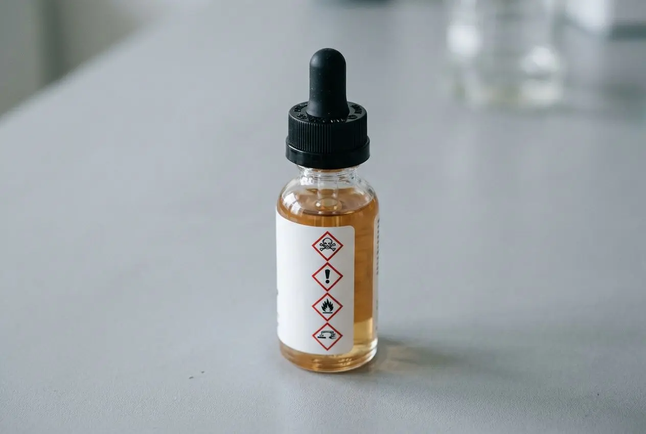 Flacon de e-liquide avec bouchon compte-gouttes et étiquettes de danger visibles sur le flacon. Identifie les avertissements chimiques et les dangers potentiels. marqué par la mention marque de e-liquide à éviter.