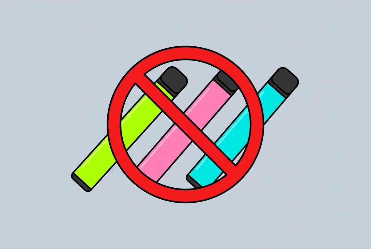 Icône montrant des cigarettes électroniques barrées d’un symbole rouge, indiquant un interdit sur certains liquides vape.