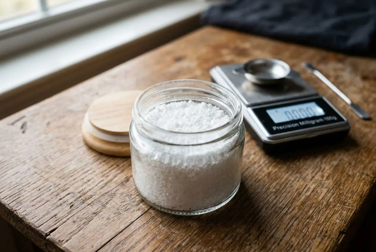 Isolat cbd fumer : cristaux blancs en poudre dans un petit bocal sur une table en bois, à côté d’une balance électronique et d’un plateau.
