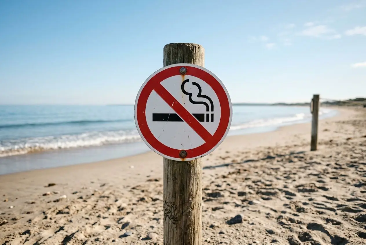 Panneau interdit de fumer sur une plage, symbole cigarette barrée, milieu maritime et sable, ciel bleu. où est interdite la cigarette électronique.