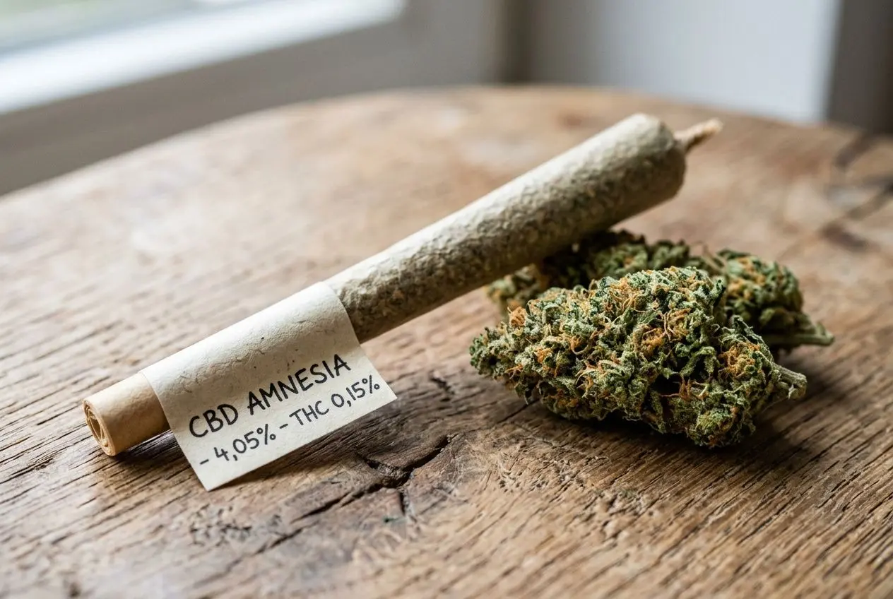Paquet de cigarette CBD bureau de tabac: clé CBD Amnesia roulé avec cannabis et joints sur table en bois, sans nicotine.