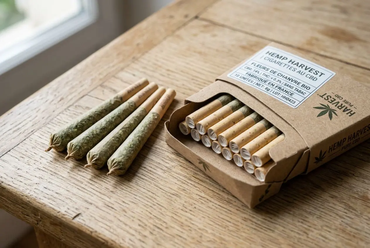 Paquet de cigarettes CBD en bureau de tabac : alignement de joints pré-roulés et boîte en carton étiquetée CBD, prêt à être vendus.
