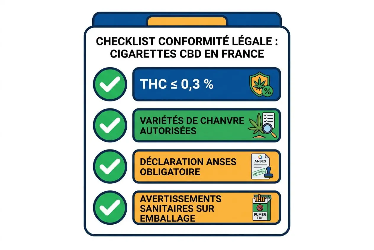Paquet de cigarettes CBD en bureau de tabac: checklist de conformité légale en France affichant THC ≤ 0,3 %, variétés de chanvre autorisées, déclaration Anses et avertissements sanitaires.