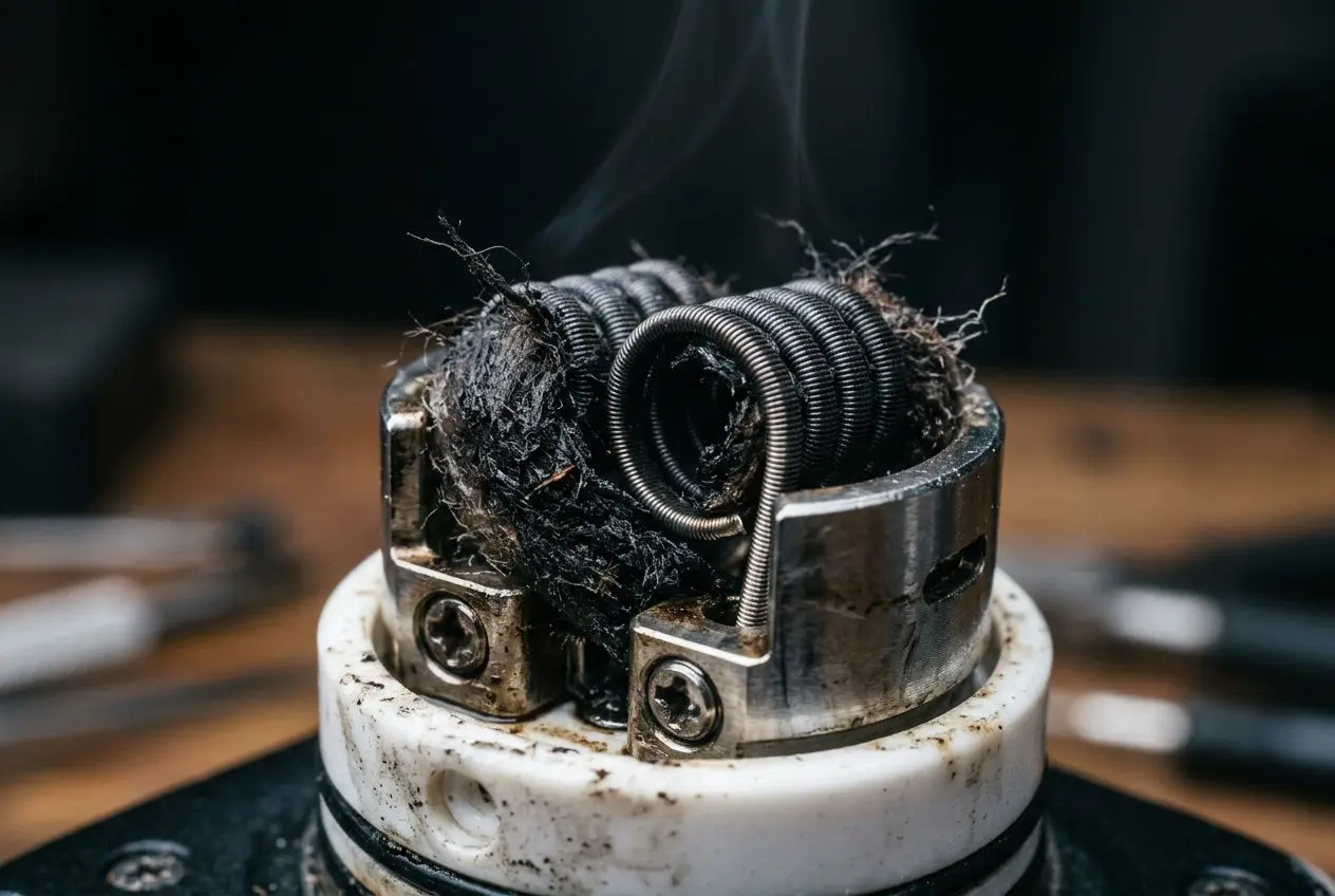 Puff cramé danger : résistance de vapoteuse brûlée et débris brûlés dans le coil métallique, émission de fumée sombre.