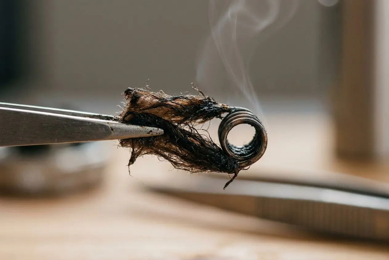 Tige d’atomiseur carbonisée et coil brûlé évoquant un goût de brûlé sur une cigarette électronique. pourquoi ma vapote a goût de cramé.