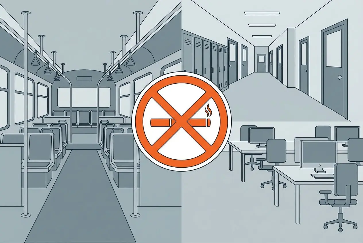 Voiture ou train intérieur avec panneau interdit fumée et cigarette, symbole rouge, indiquant une zone sans cigarette électronique dans l’espace public. Où est interdite la cigarette électronique.