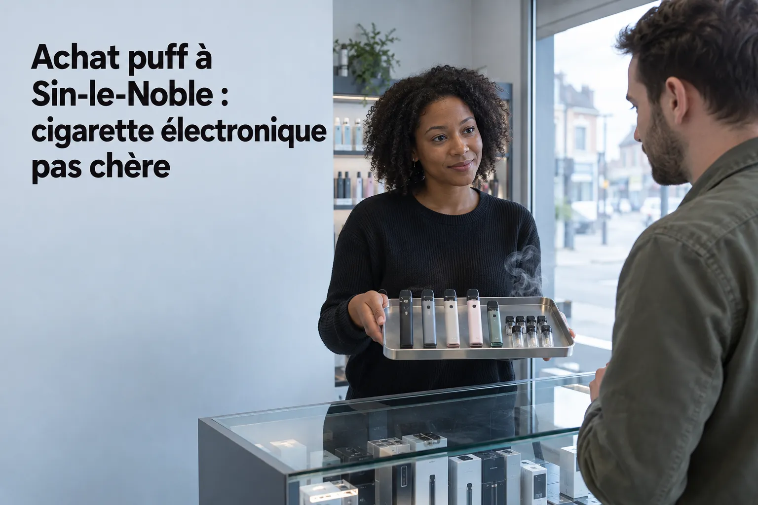 Achat puff à Sin-le-Noble : vendeuse propose une sélection de puffs et cigarettes électroniques en boutique.