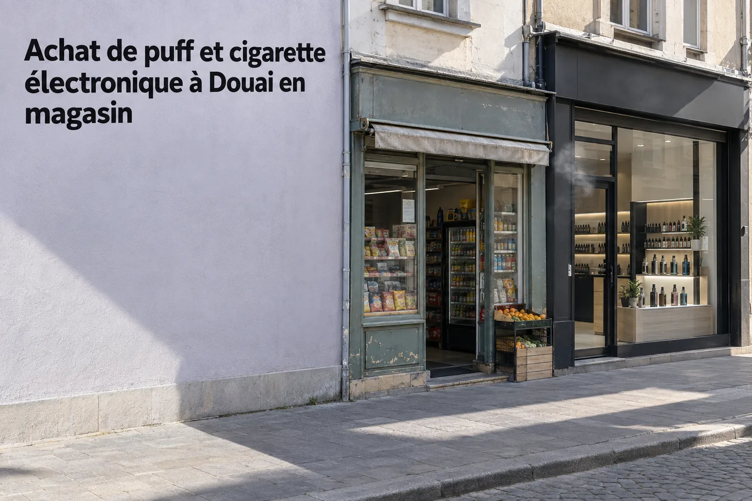Achat de puff douai en magasin: devanture de boutique vape avec étalages et produits visibles, façade simple.