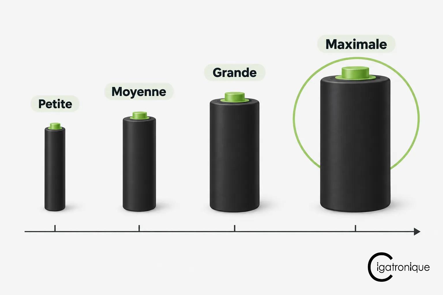 Batterie de cigarette électronique de différentes tailles alignées de petite à maximale, sur une ligne de mesure.