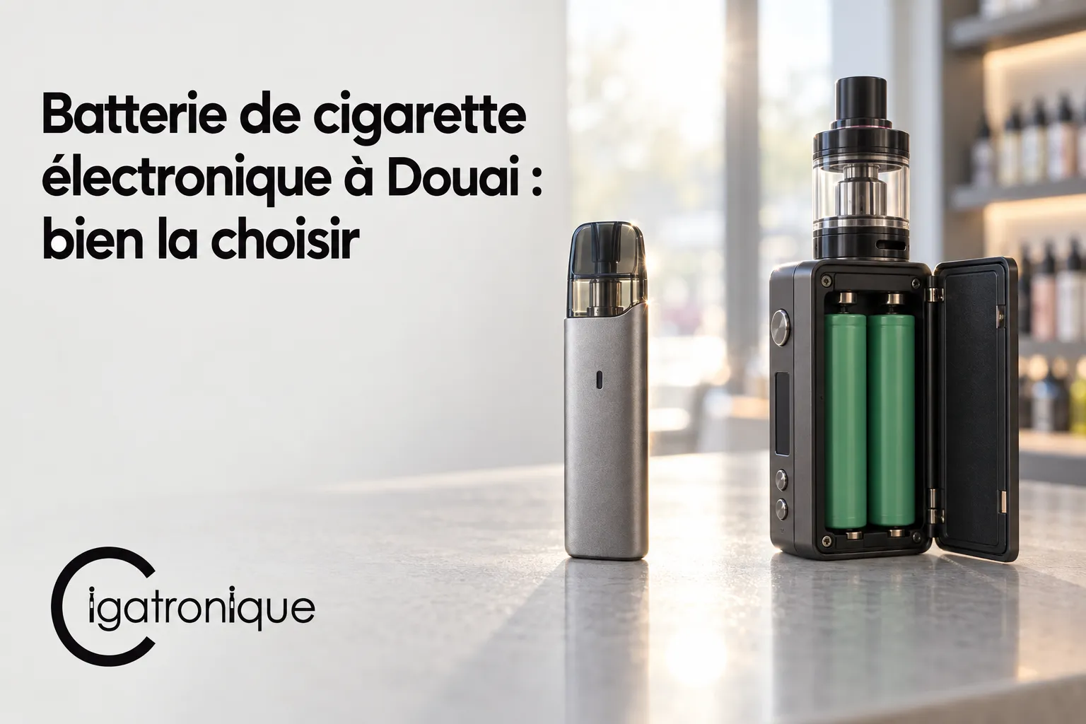 Batterie de cigarette électronique et kit ouvert montrant les piles vertes à l’intérieur sur une surface.