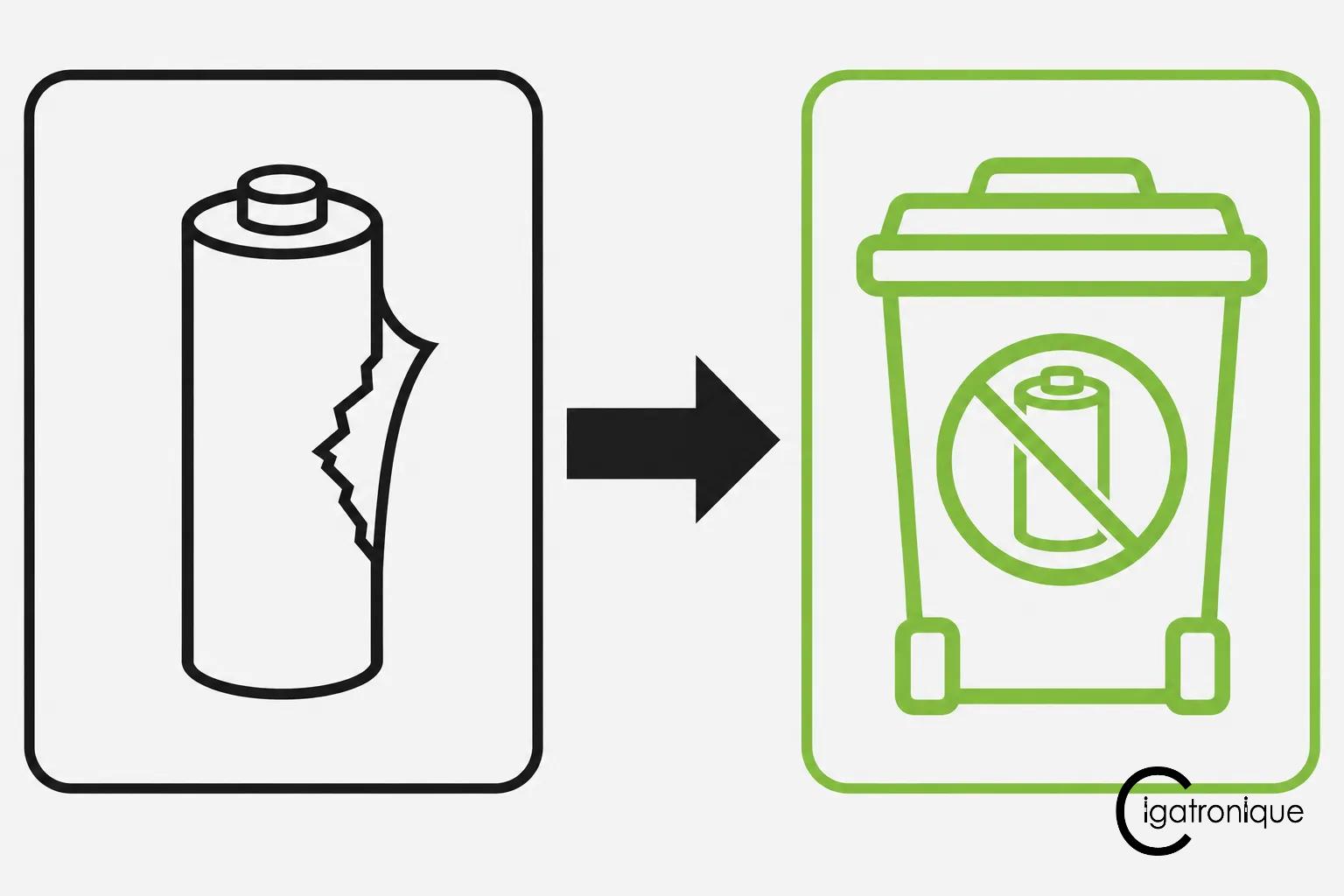 Batterie défectueuse prête à être recyclée, avec symbole d’interdiction sur le conteneur.
