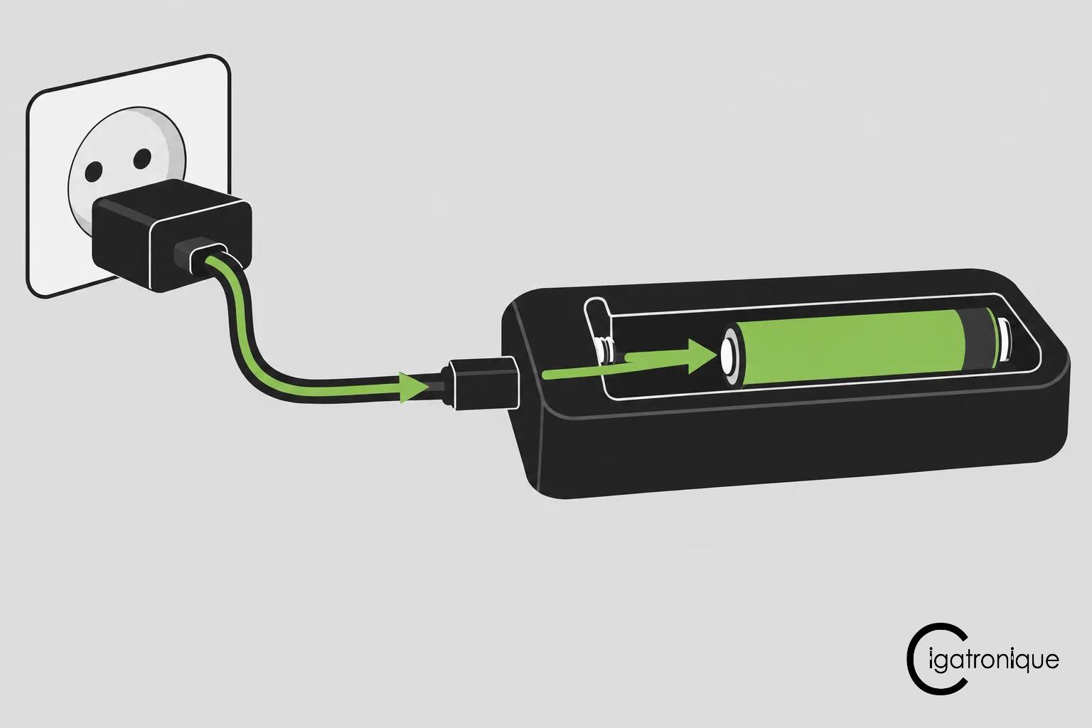 Chargeur secteur relié à une boîte de recharge contenant une pile rechargeable verte à l’intérieur.