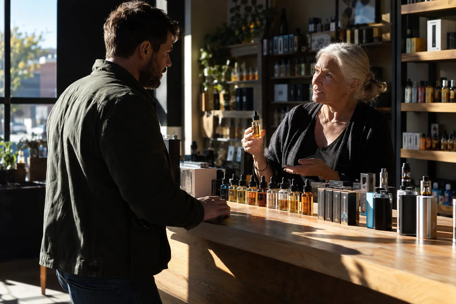 Client au comptoir en boutique, échange avec une vendeuse près d’un large choix de puff et e-cigarettes. achat puff douai et conseils en magasin.