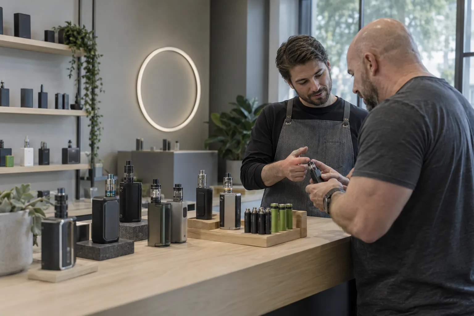 Deux hommes discutent devant une table de boutique, examinant des batteries et accessoires de cigarette électronique.