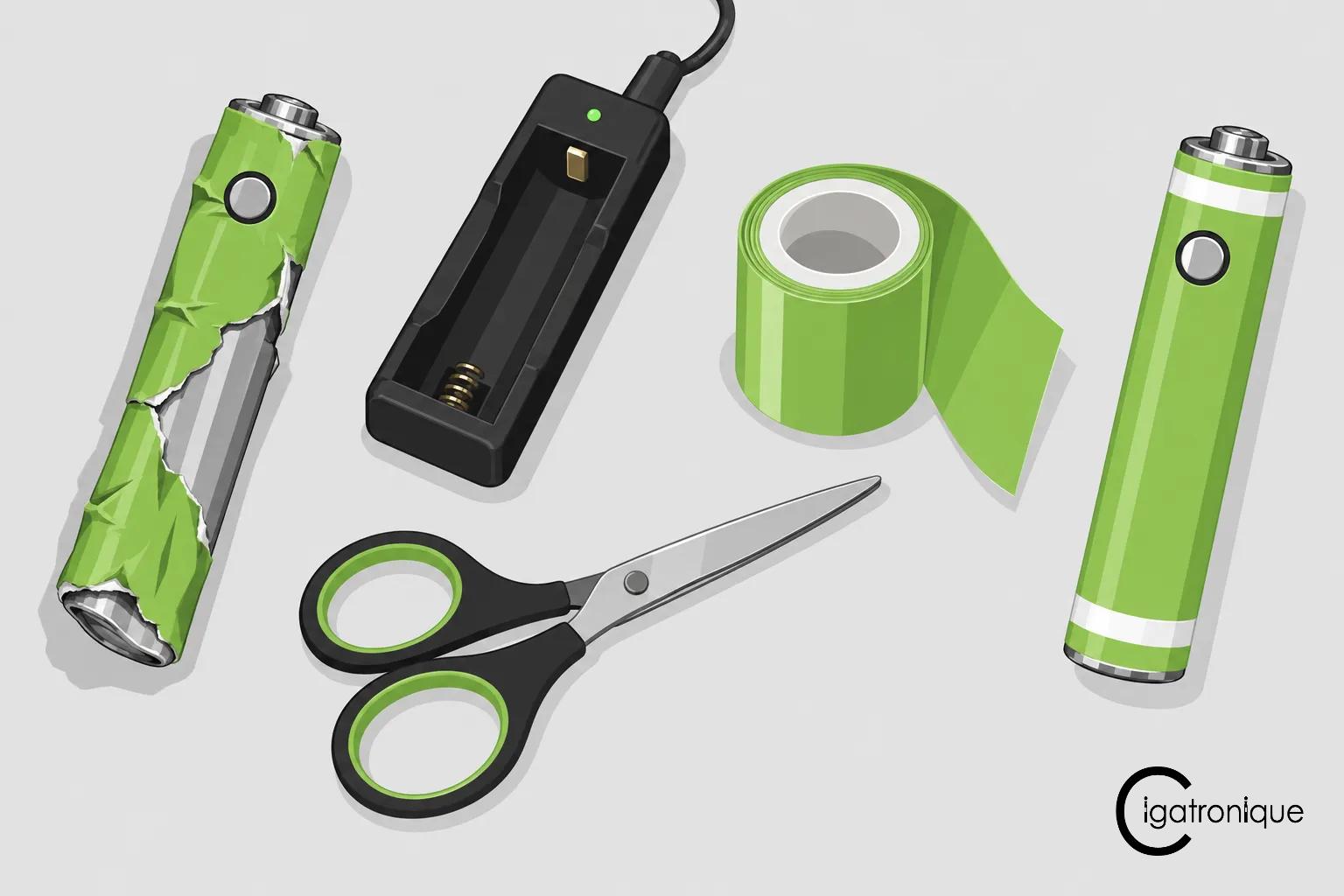 Ensemble d’outils et pièces : piles vertes déchirées, chargeur, ruban adhésif, ciseaux et coton vert, utilisés pour