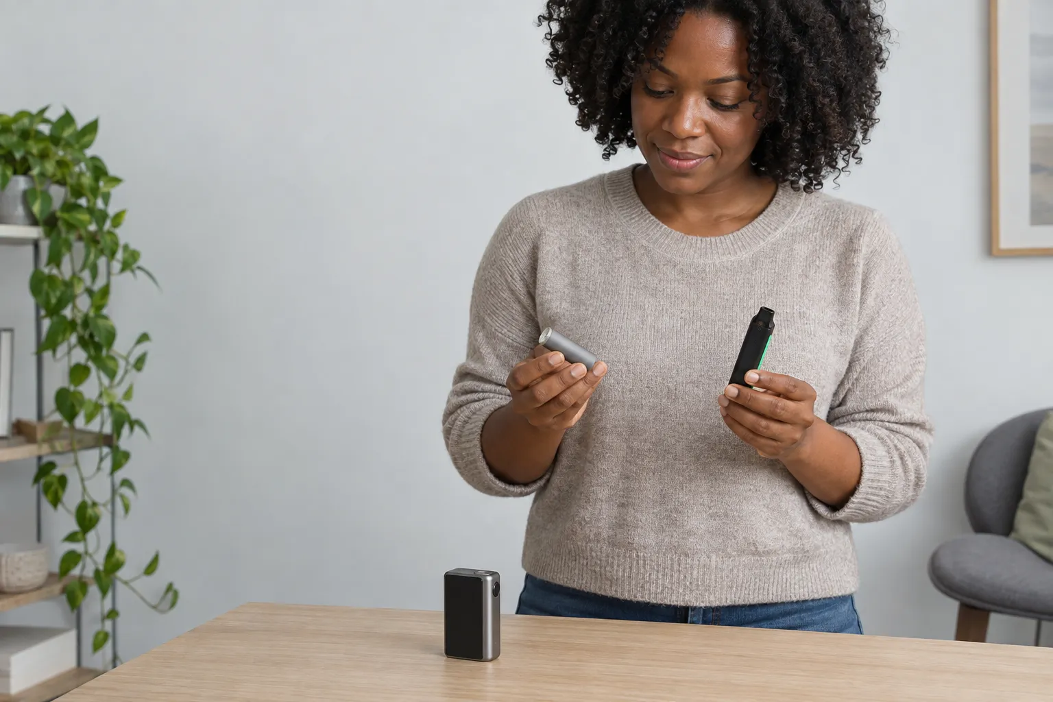 Une femme tient une batterie de cigarette électronique dans chaque main, avec une box posée sur la table devant elle.