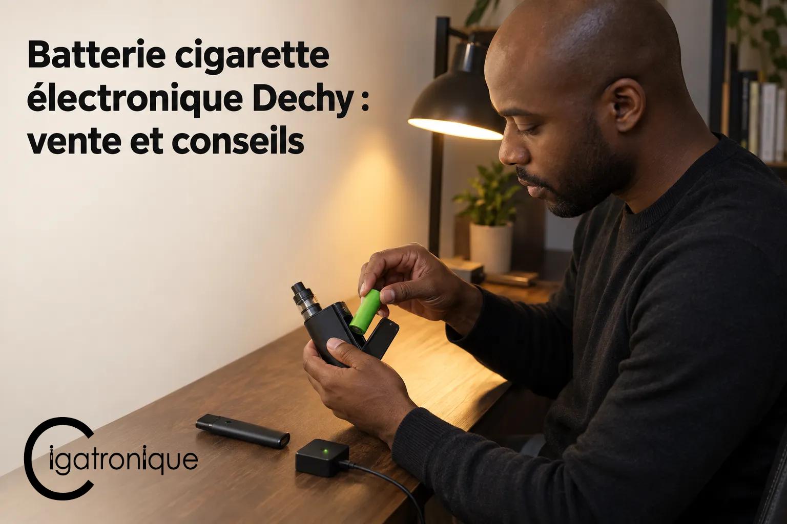 Un homme tient une cigarette électronique et manipule une batterie amovible sur son plateau de travail.