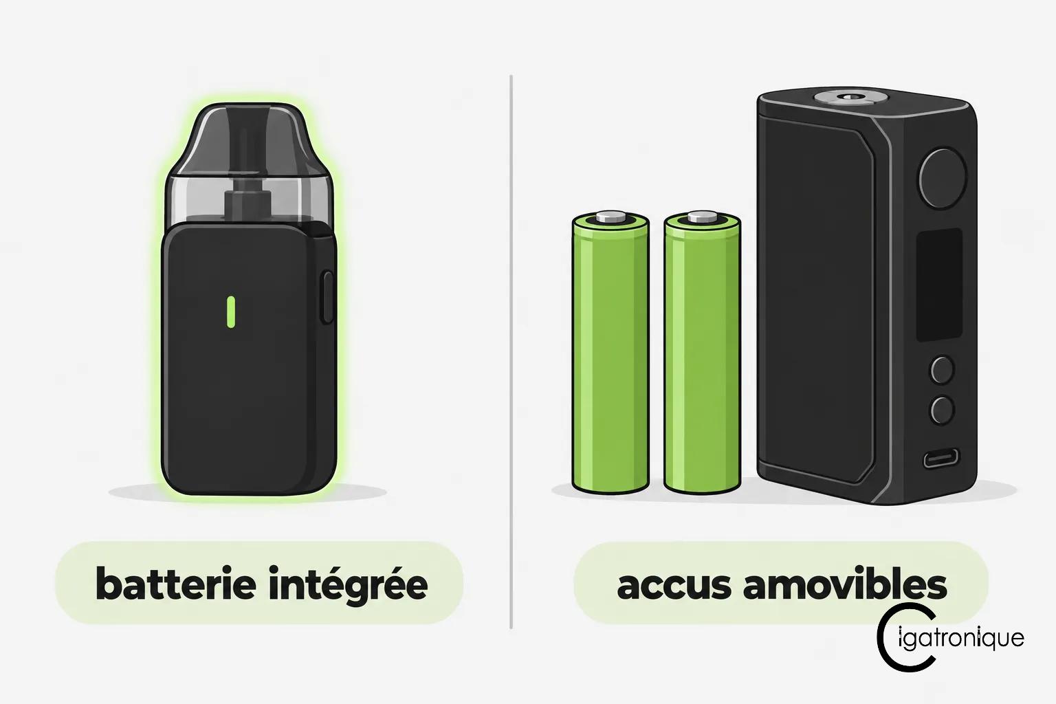 Petit schéma montrant à gauche une cigarette électronique à batterie intégrée et à droite un mod avec deux accus amovibles.