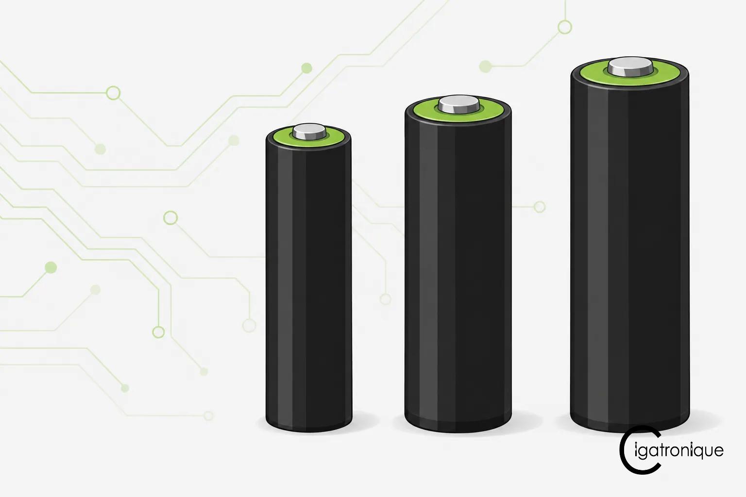 Trois piles cylindriques noires de tailles différentes sur fond clair avec des contacts verts en haut.