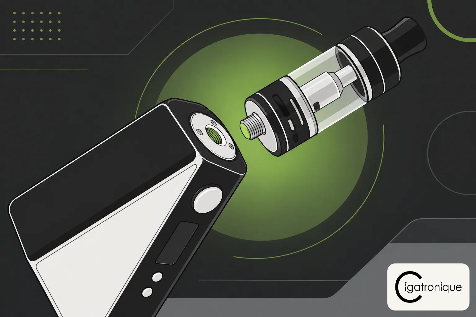 Vapeuse électronique et clearomiseur détaché, montrant le connecteur et les composants internes en gros plan.