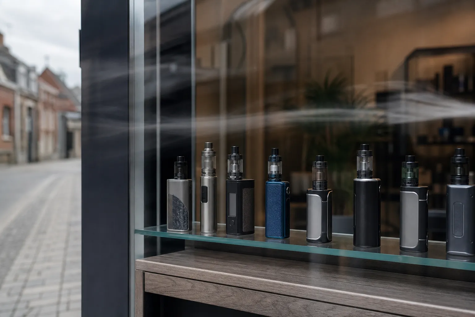Vitrine d’une boutique vape montrant plusieurs puff et mod de cigarettes électroniques alignés sur une étagère en bois, rue pavée à l’extérieur; achat puff dechy.