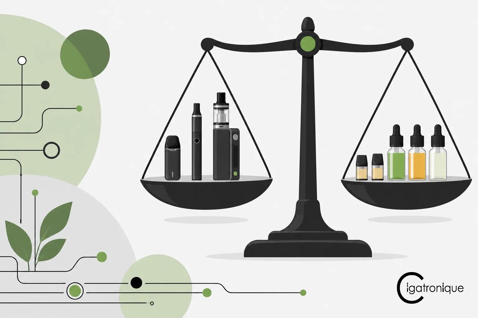 Balance avec d’un côté des vapoteurs et flacons et de l’autre côté des flacons plus petits sur l’autre plateau.