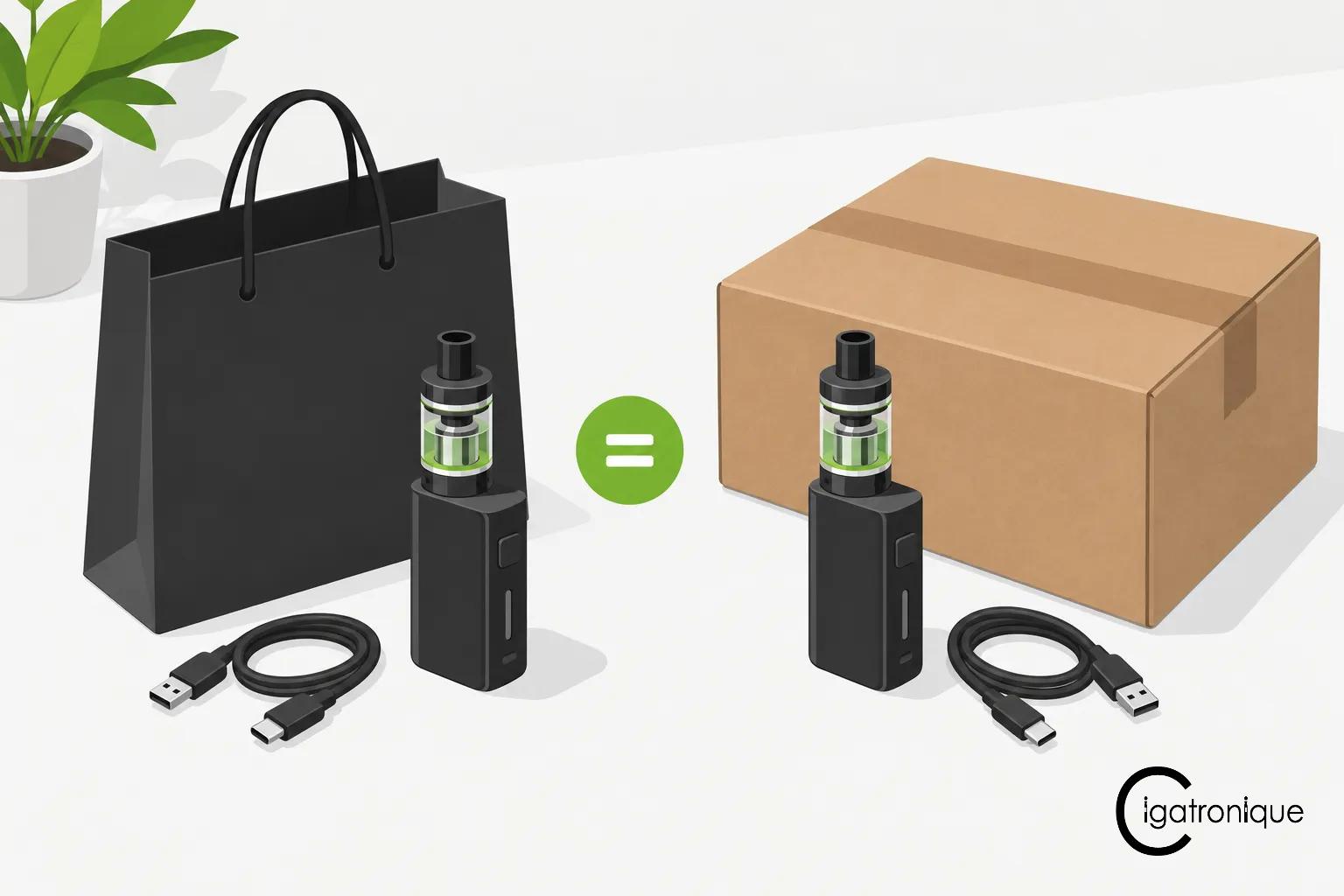 Une cigarette électronique portable avec son câble et son embout, près d’un sac noir et d’un colis en carton sur une table.