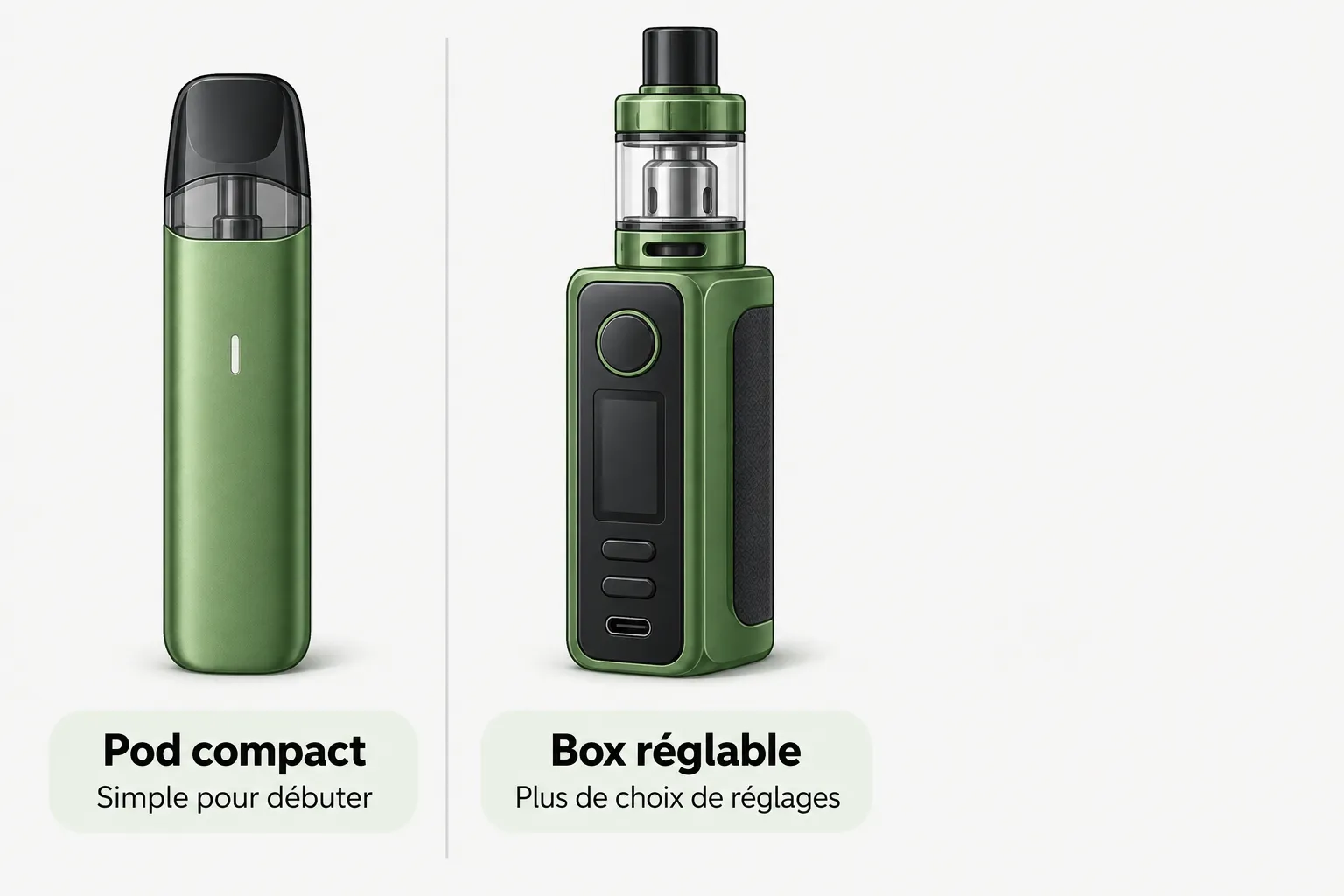 Deux appareils de cigarette électronique : un pod compact pour débutant et une box réglable avec écran et réservoir.