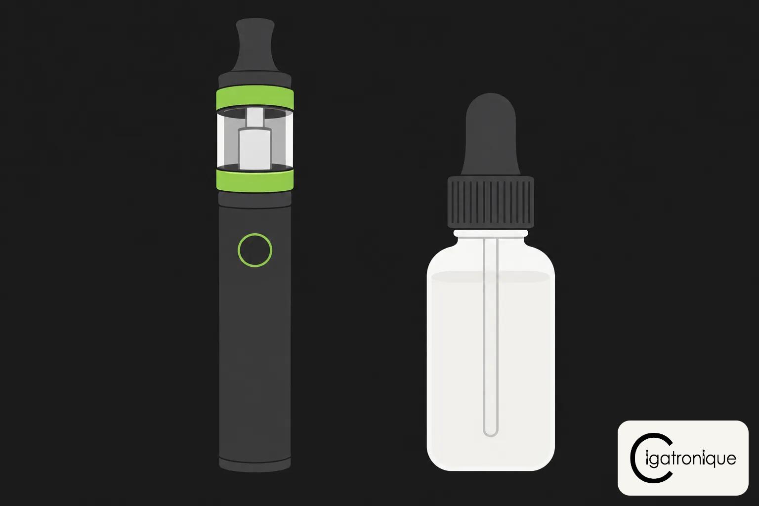Deux dispositifs de vapotage: un vape jetable noir avec bouton vert et cartouche apparente à gauche et un flacon