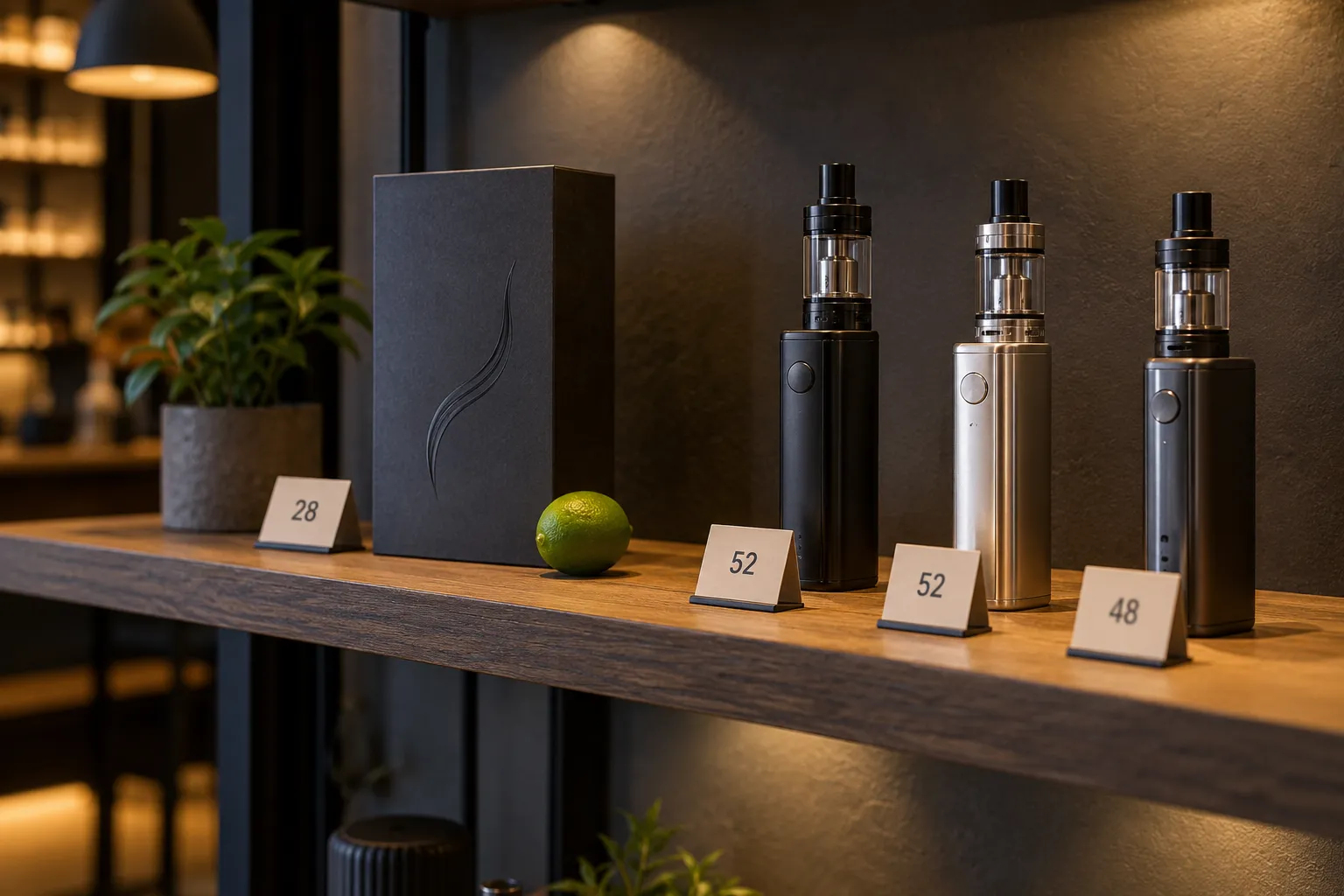 Sur une étagère, plusieurs cigarettes électroniques verticales alignées avec des boîtes et des marqueurs de prix>{"72"}