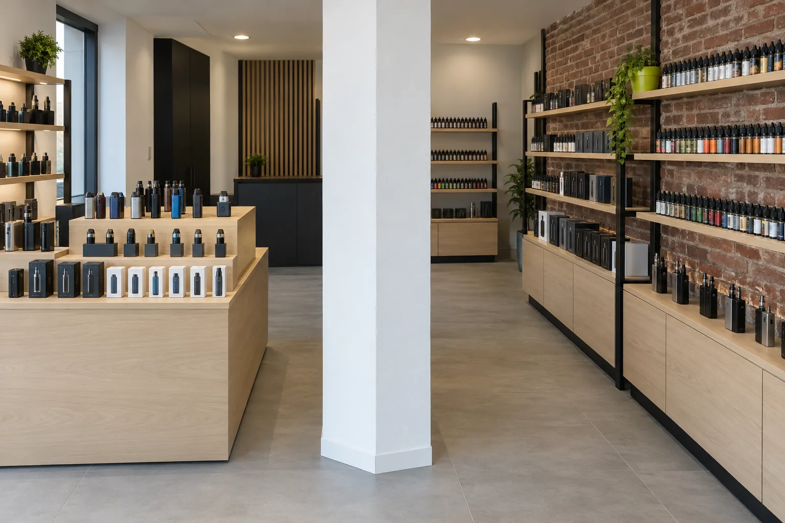 Intérieur d'une boutique moderne de cigarettes électroniques avec étagères pleines de flacons et bouteilles disposés le long