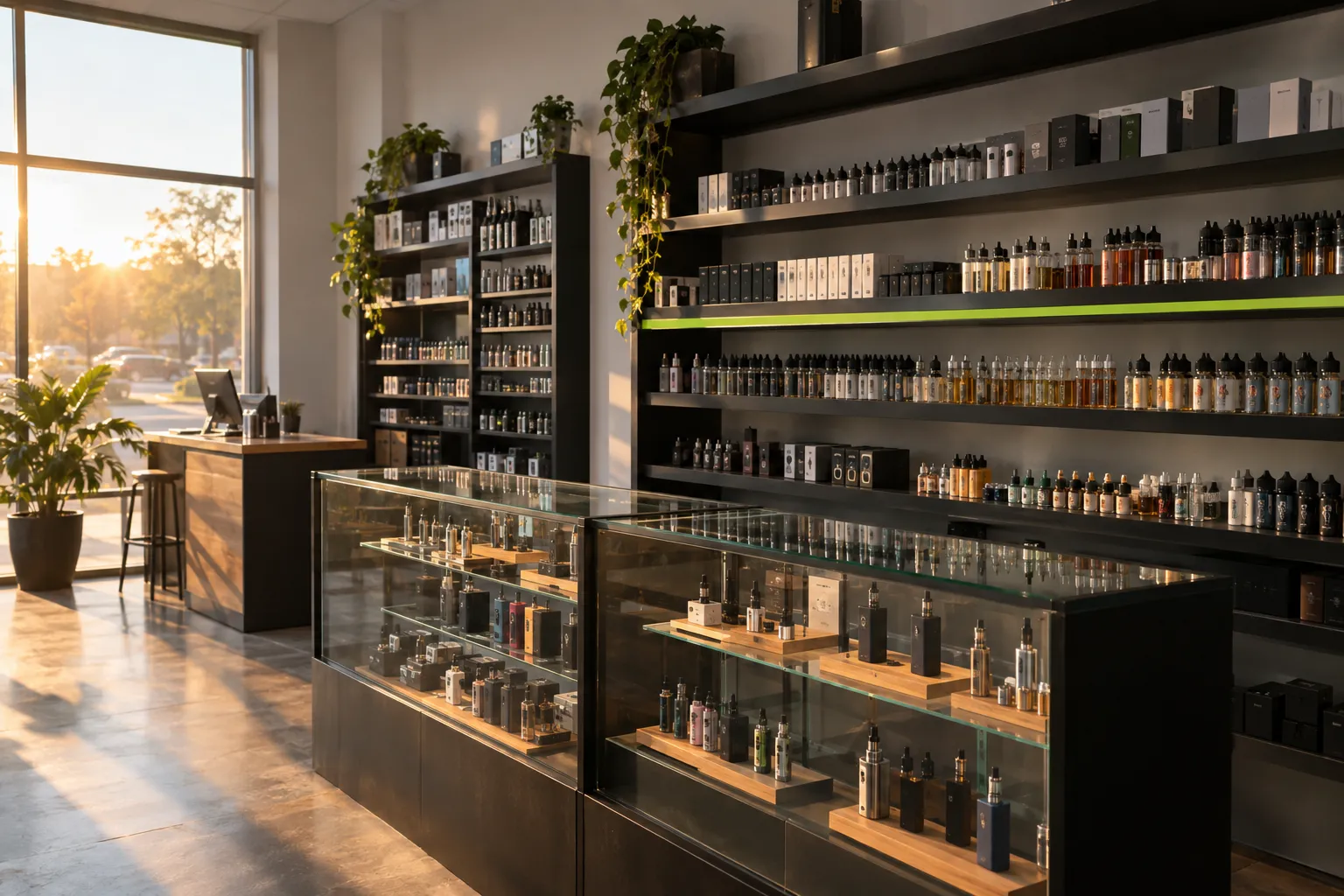 Intérieur d’une boutique de vape avec des étagères remplies de fioles et un comptoir en verre près de la fenêtre.