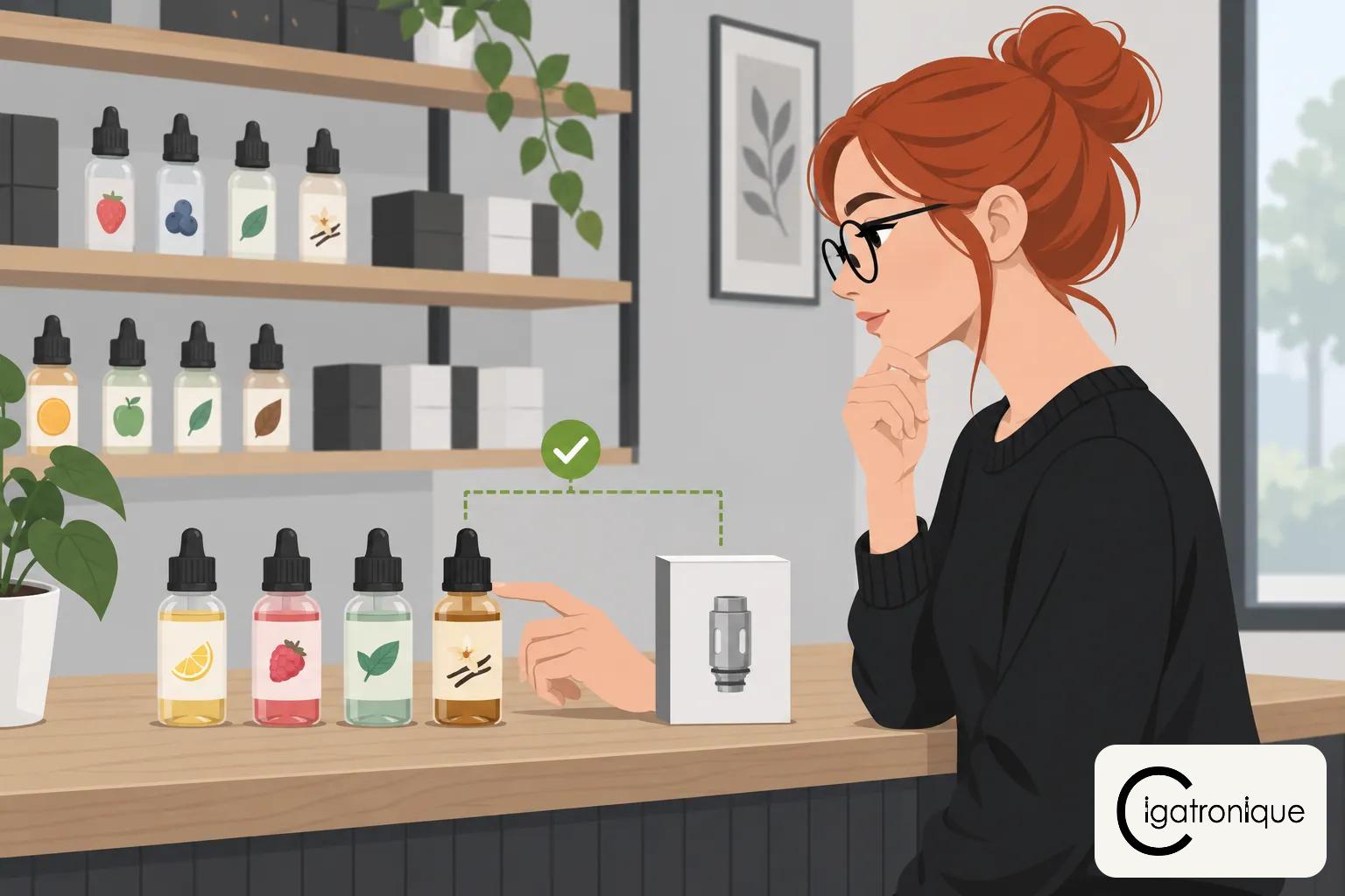 Une jeune femme aux cheveux roux et lunettes examine des flacons de e-liquide sur le comptoir d’un magasin.