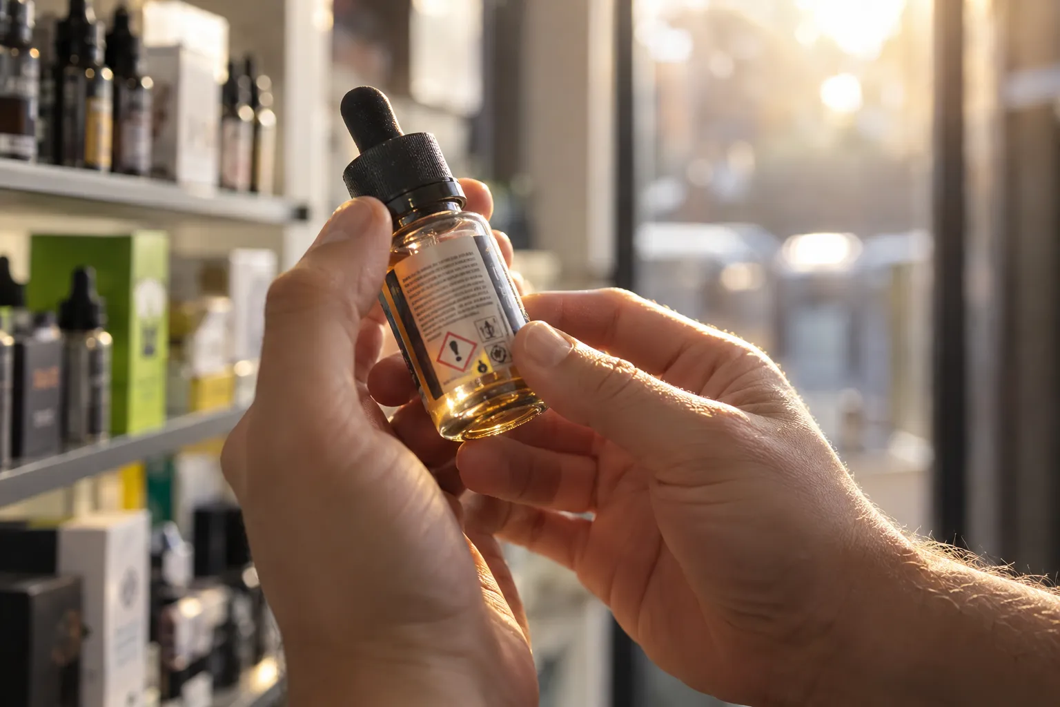 Une main tient une petite fiole avec compte-gouttes dans une boutique de vape.