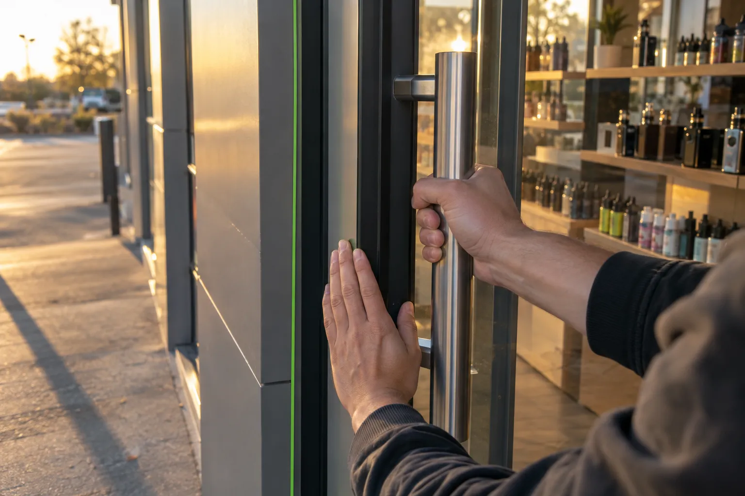 Une personne pousse la porte vitrée d’une boutique d’vape avec l’autre main sur le cadre.