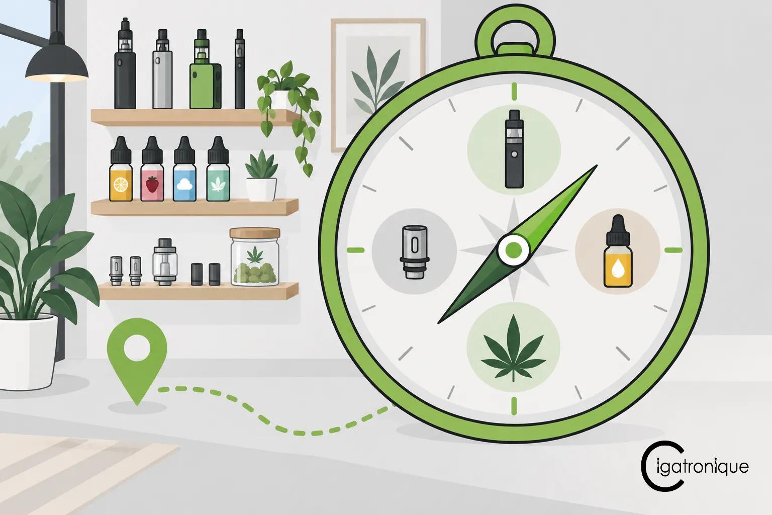 Plan d’intérieur d’une boutique spécialisée en vape avec étagères de produits et une grande montre verte indiquant