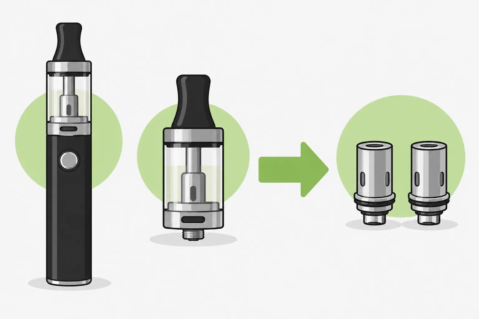 Vape à l’allure d’un cigarette électronique avec le réservoir et l’embout démontables, montrant les pièces séparées et les