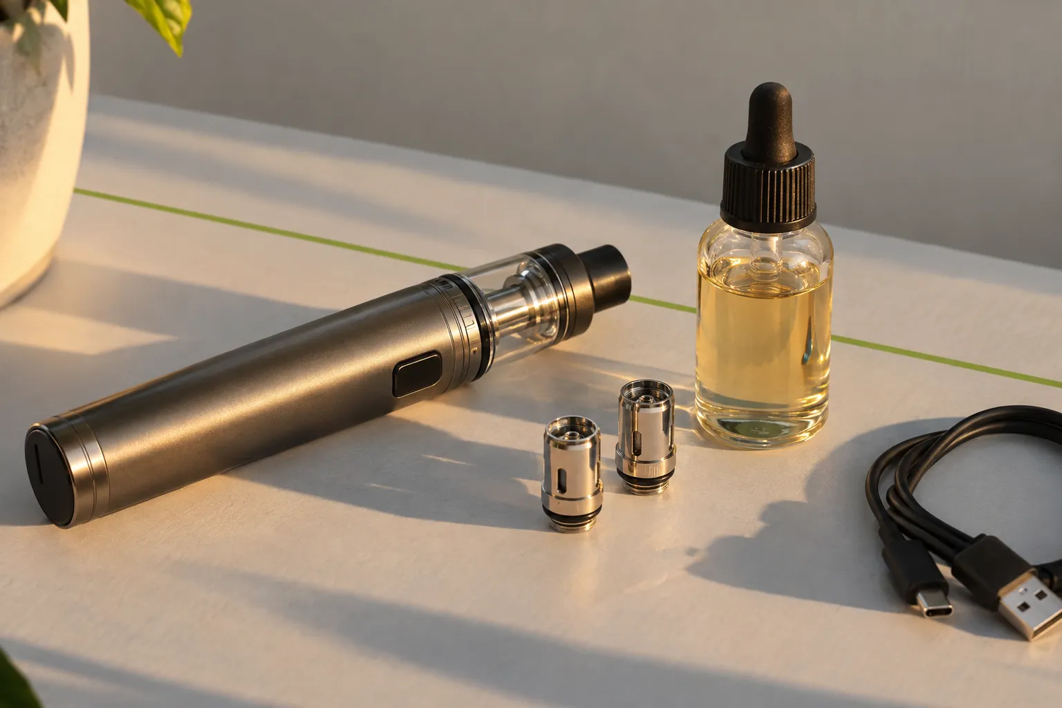 Un vaporisateur électronique et des accessoires de vape posés sur une surface, avec une fiole d’e-liquide et un câble USB.