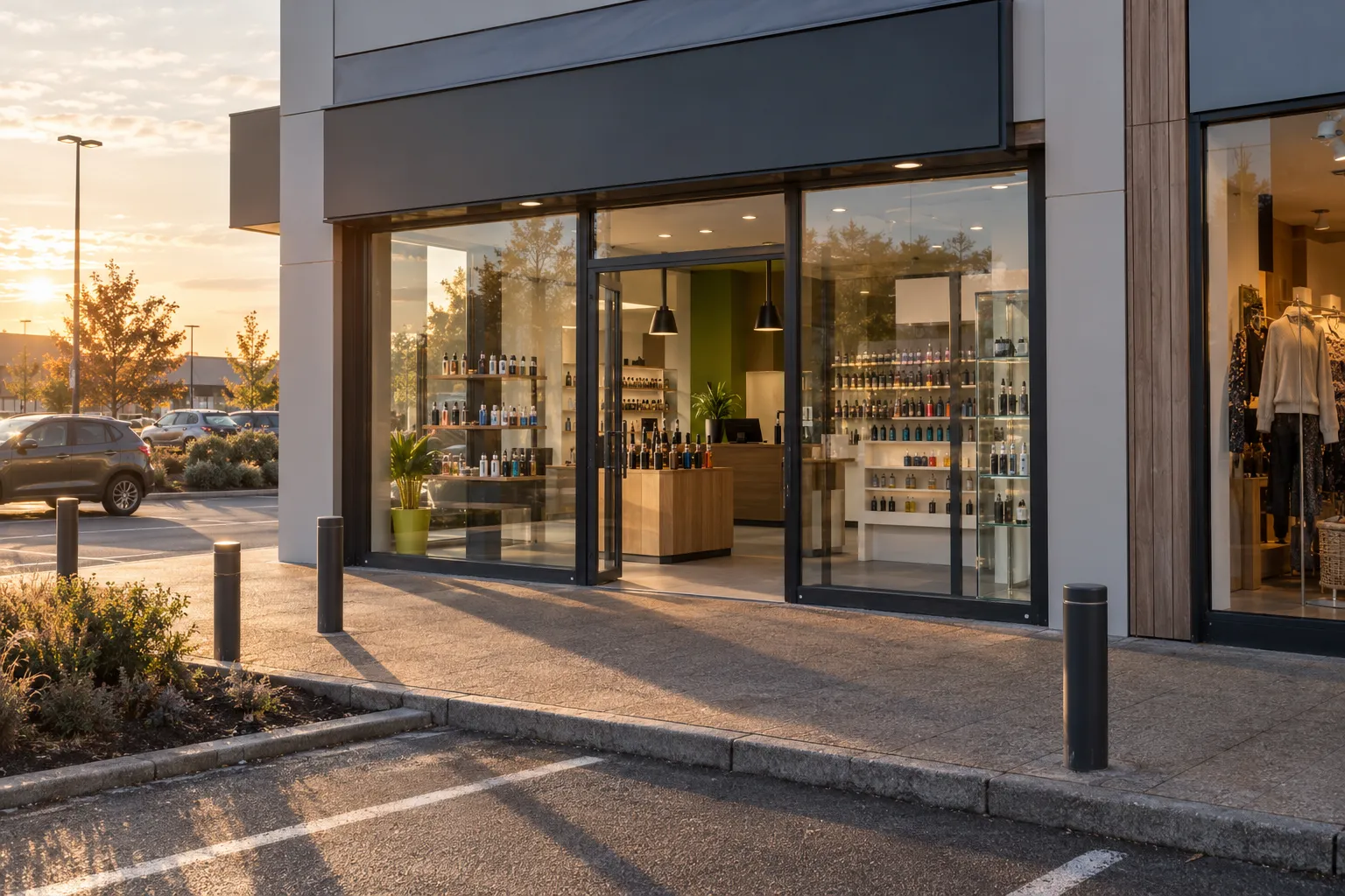 Vitrine d'une boutique de cigarette électronique avec produits exposés à l'intérieur, vue en extérieur lors d'un coucher de