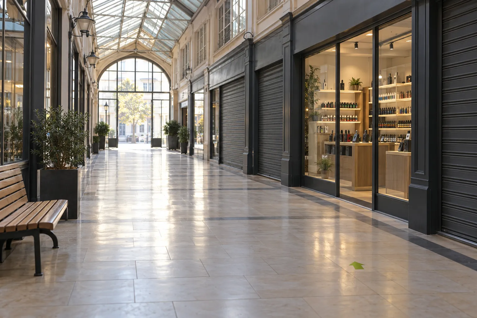 Vue d’une galerie commerciale intérieure avec des boutiques sur la droite et un chemin pavé au centre, lumière naturelle